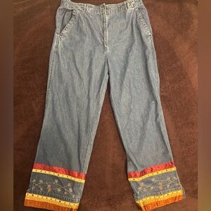 Vintage Monroe & Main Denim Pants with Satin Embroidered Trim